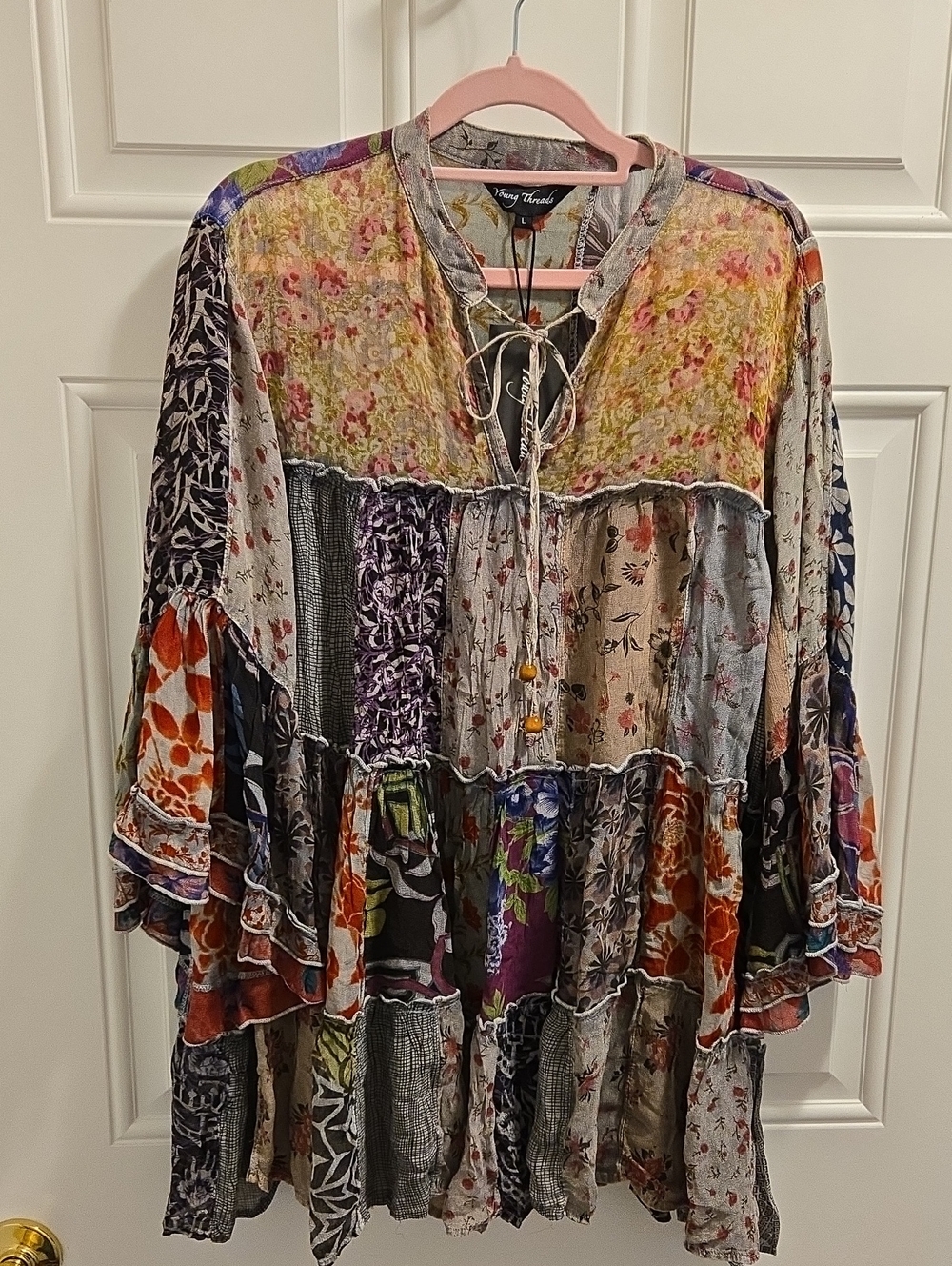 🌺 NWT Young Threads Multicolor Tiered Boho Hippie Fairy Floral Blouse Large 🌺